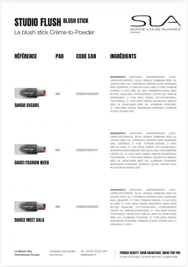 Fiche technique Blush Stick Studio Flush SLA Paris - Teintes Oscars, Fashion Week, Meet Gala - Ingrédients et codes EAN